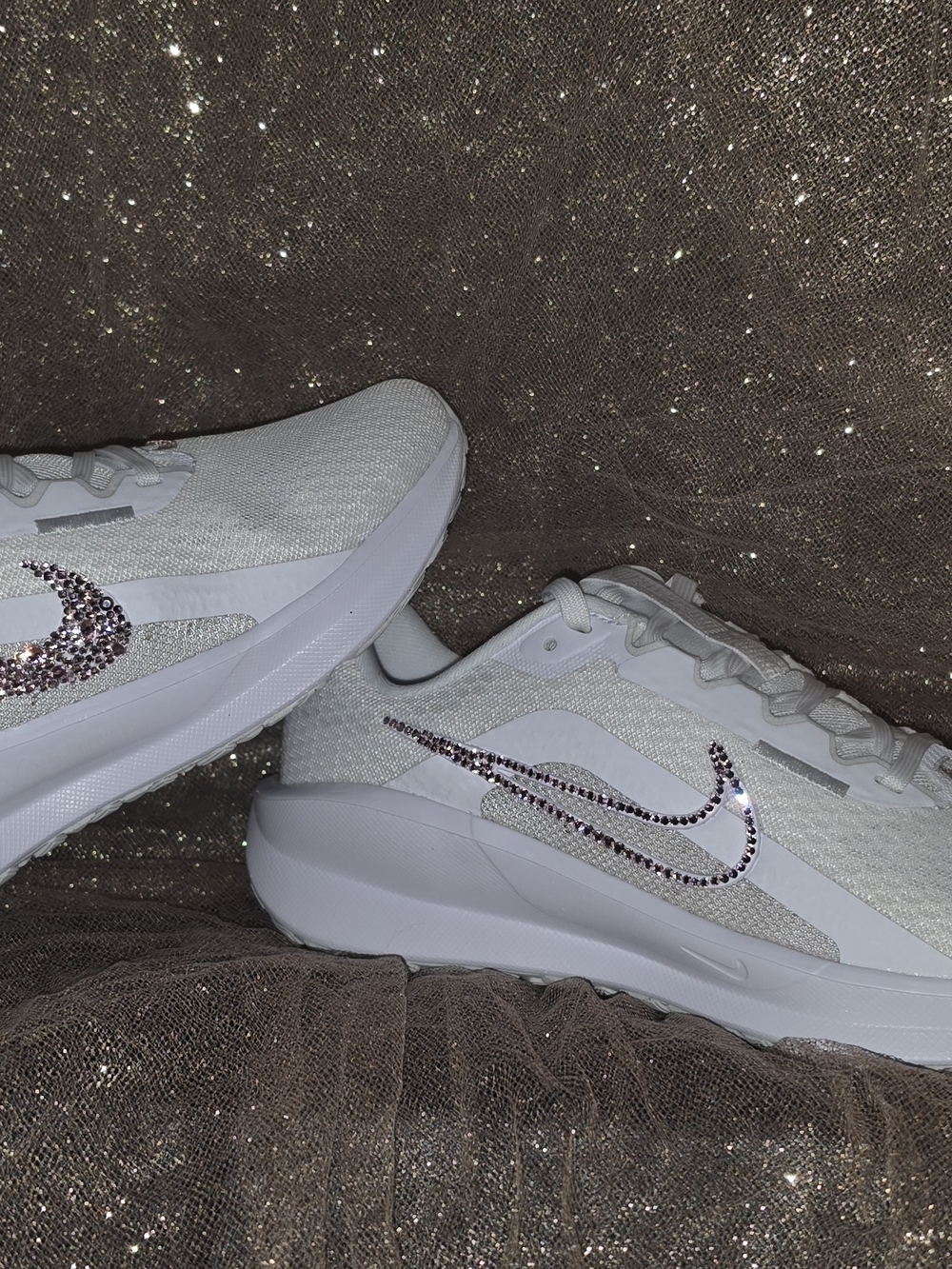 Nike Women’s White Running Sneakers with Pink Crystal Swoosh